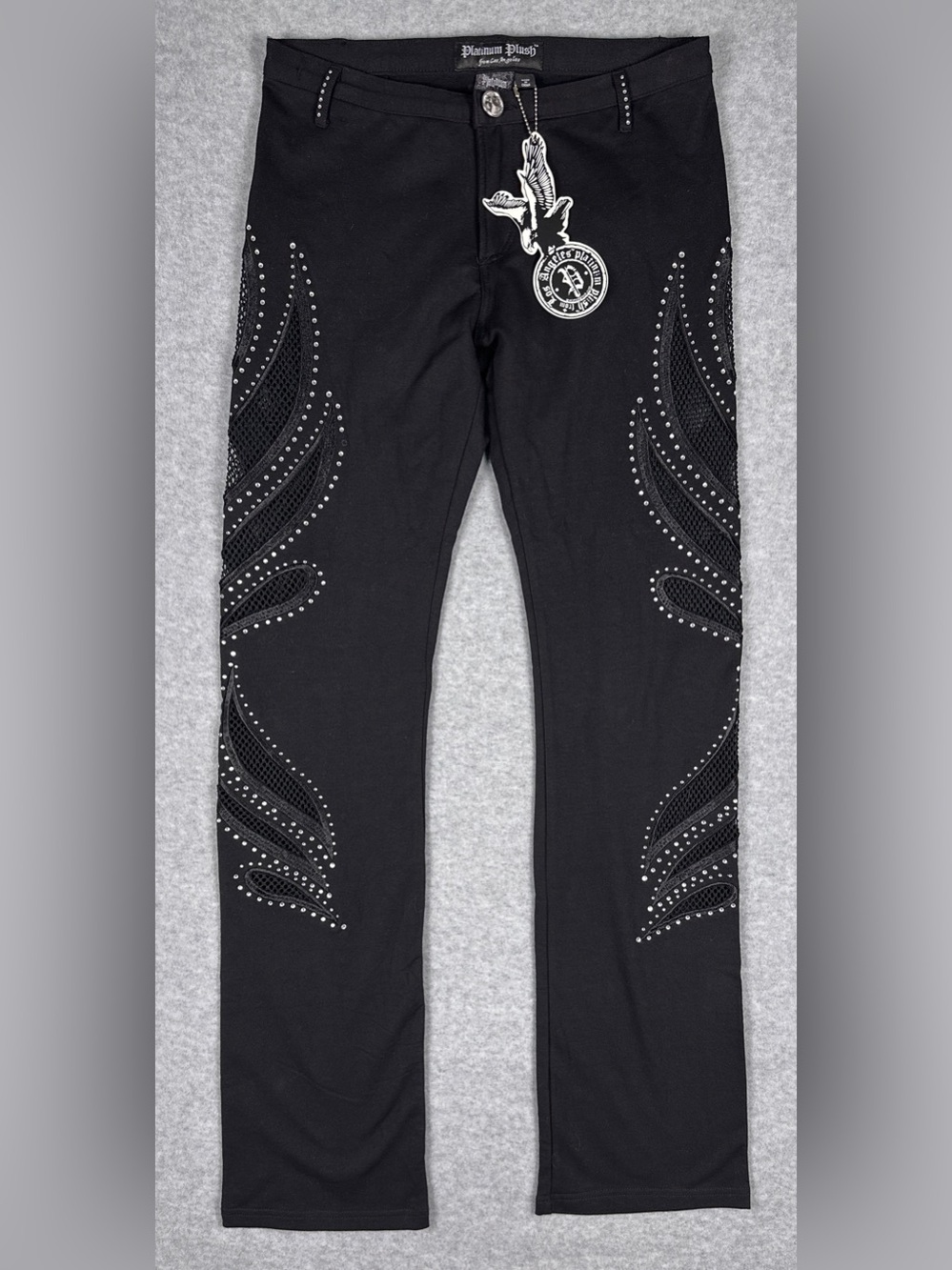Platinum Plush Black Rhinestone Mesh Cutout Pants L Y2K Gothic Biker